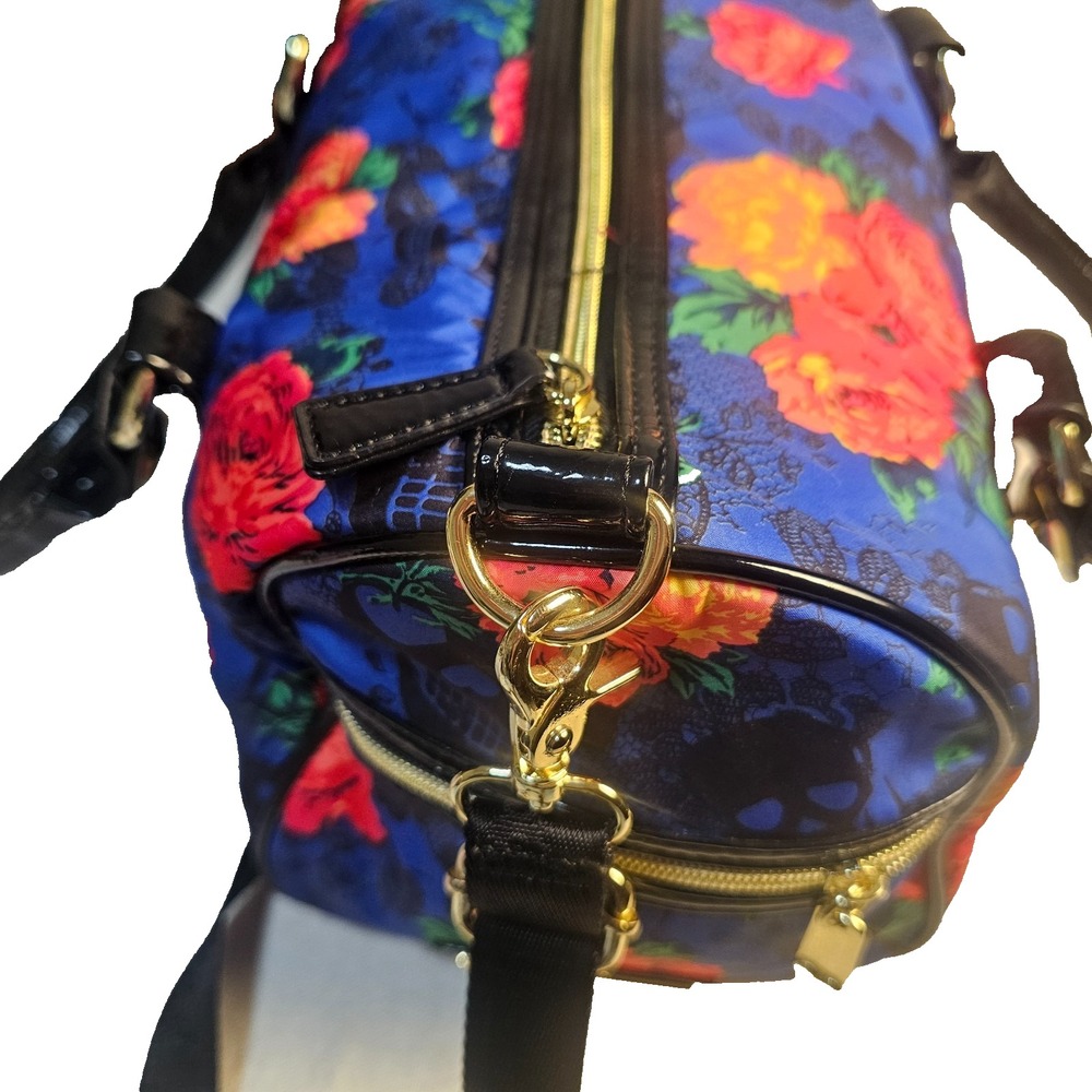 Betsey Johnson Skull Rose Floral Nylon Barrel Duffel Bag Studded Crossbody Goth - Picture 5 of 11